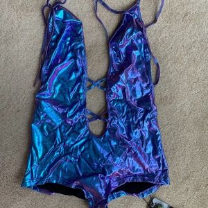 Club Exx Blue Purple Holographic Rave Bodysuit